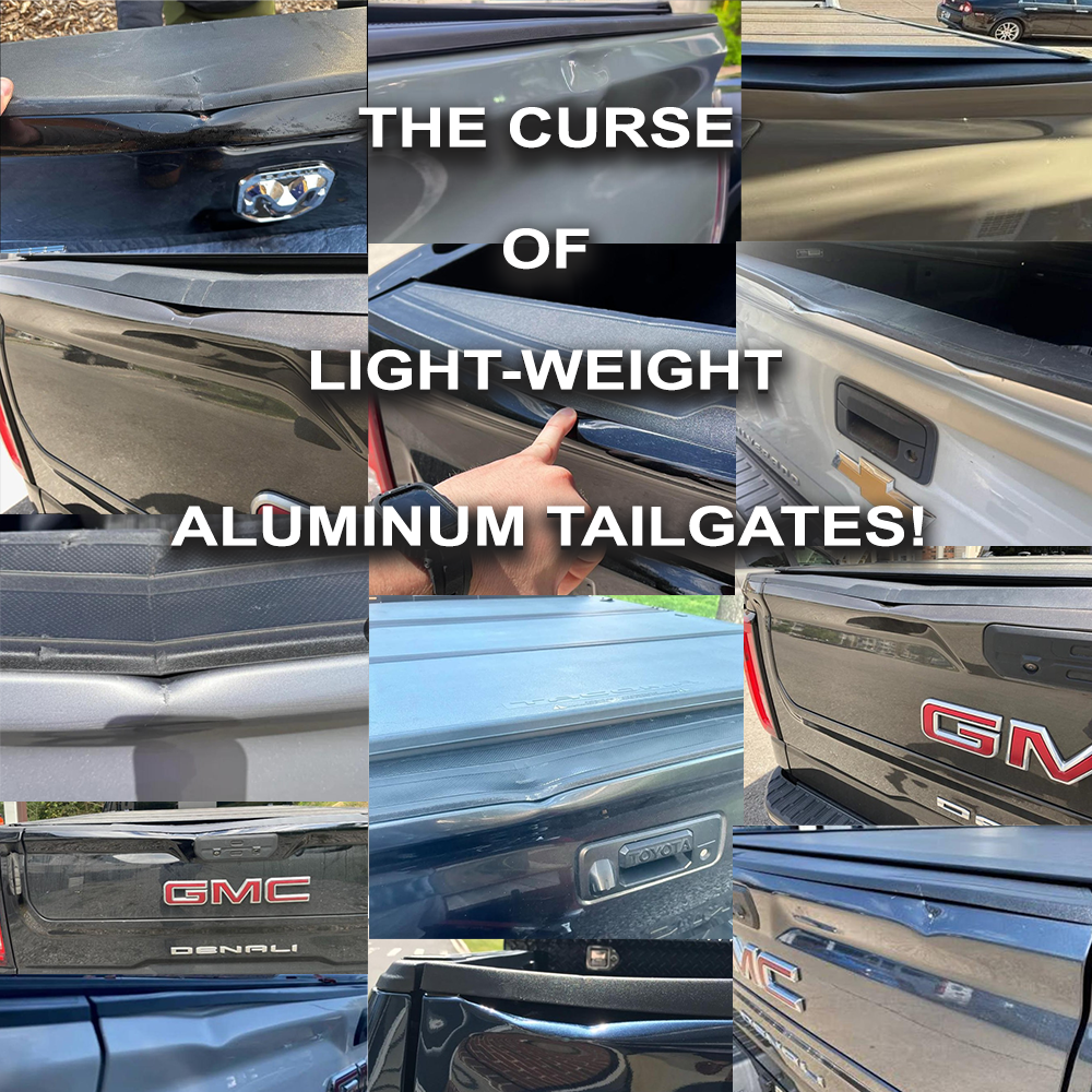Composite image of many damaged aluminum tailgates highlighting the need for the  PSM PALADIN LED tailgate protector
